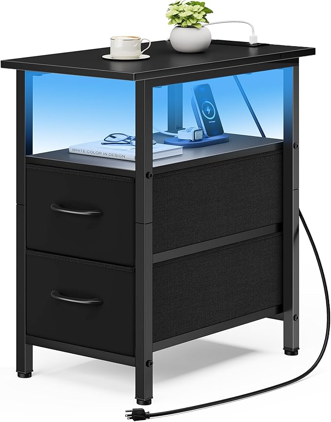 Vagusicc Black Nightstand with Charging Station and LED Lights, Narrow Side by Vagusicc