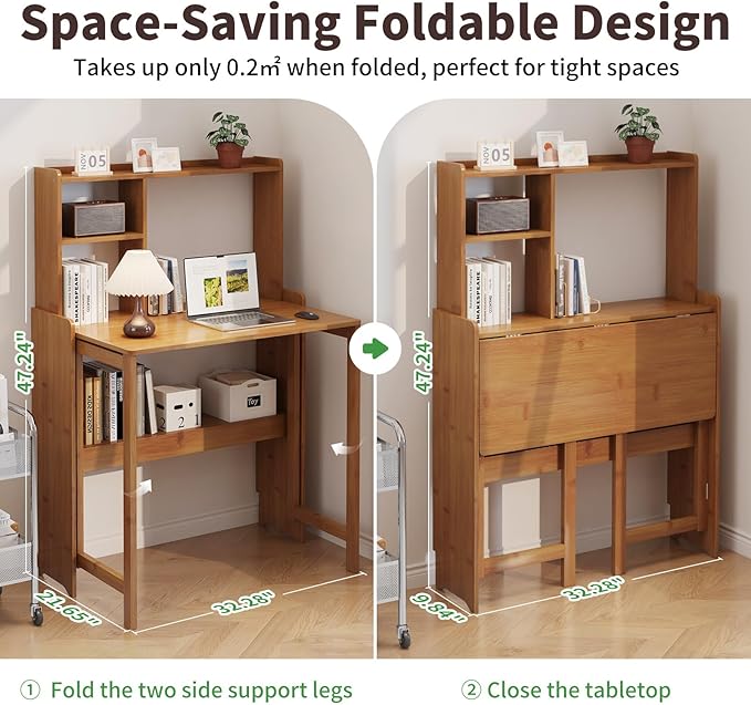 Bamboo Folding Desk with Storage Rack Mid Century Modern Desk - Image 2
