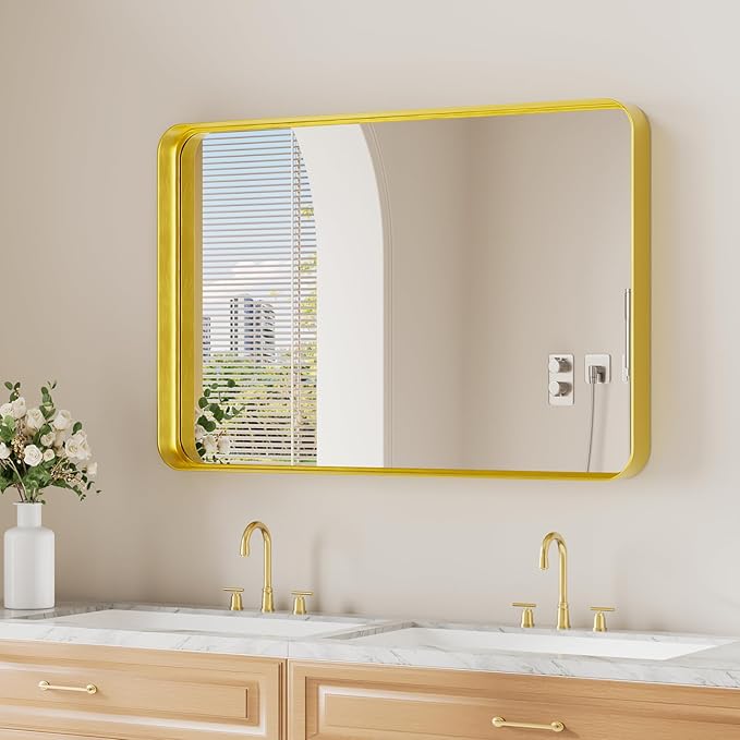 Koonmi Gold Wall Mirror for Bathroom, 24x36 Inch Matte Deep Framed Rounded by KOONMI