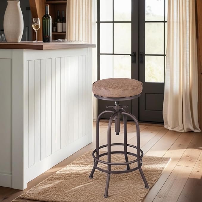 Diwhy Industrial Bar Stool-26-32 Inch Adjustable Swivel Metal PU Leather Seat - Image 7