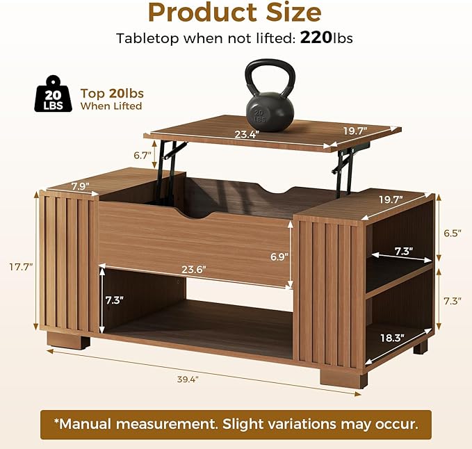 COMHOMA Lift Top Coffee Table for Living Room, Adjustable Wooden Tea Table for - Image 3