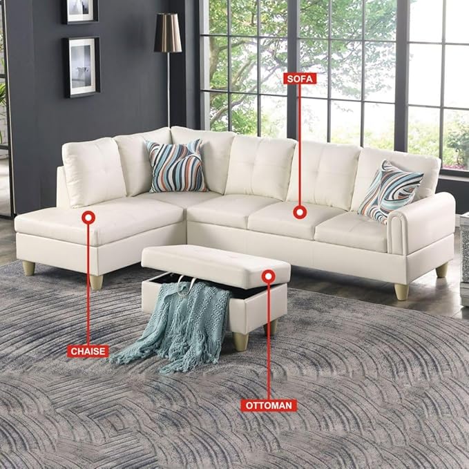 Pearl White L-Shaped 3-Piece Faux Leather Sofa - Image 2