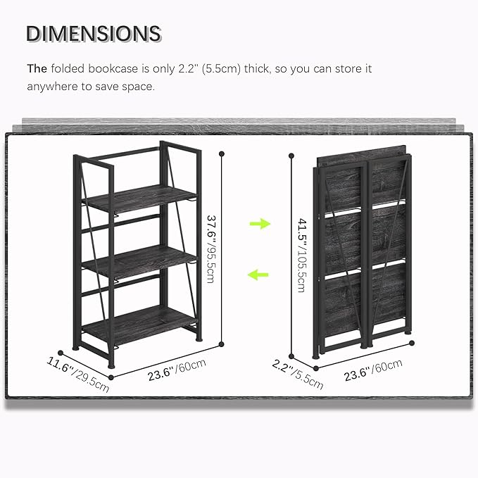 4NM No-Assembly Folding Bookshelf Storage Shelves 3 Tiers Vintage Bookcase - Image 2