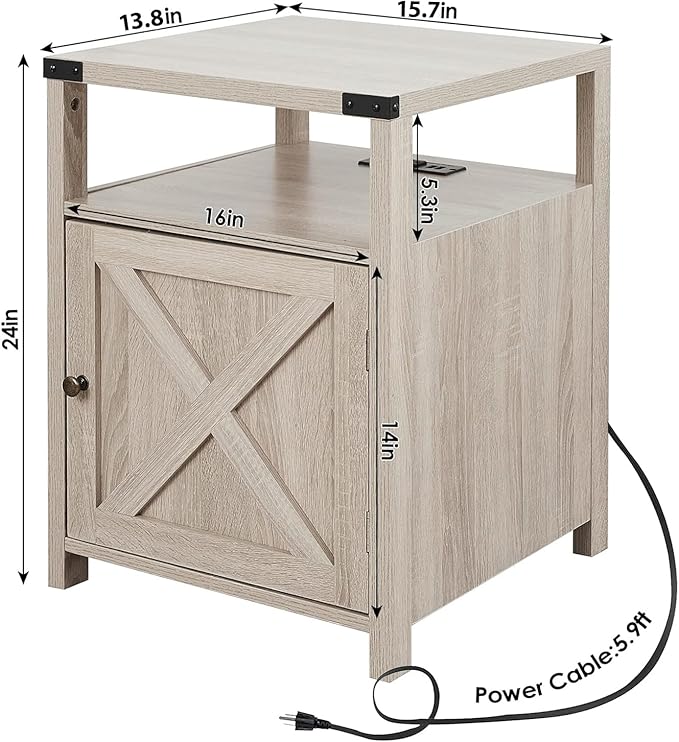 Farmhouse Nightstand with Charging Station, Rustic End Table Bedroom with - Image 3