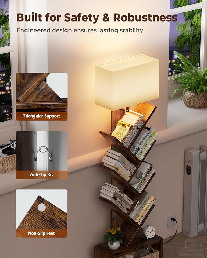 6 Tier Tree Bookshelf with Light, Narrow Bookcase Tower, Tall Floor Standing - Image 7