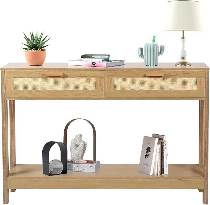 Console Table with Rattan Drawers Boho Entryway Table Narrow Long Sofa Table - Image 6