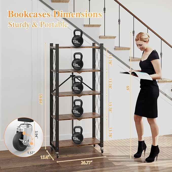 BAOYOUNI 5-Tier Vintage Industrial Bookshelf - Image 3