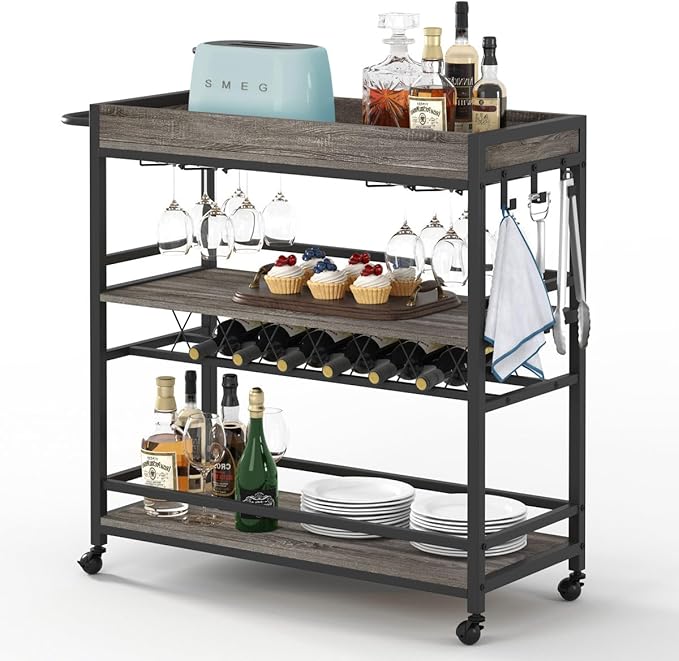 BON AUGURE Bar Cart, Home Bar Serving Cart on Wheels, Mobile 3 Tier Liquor by BONAUGURE