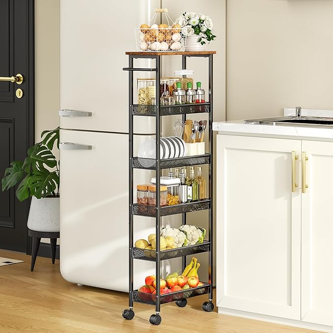 6 Tier Slim Storage Cart with Handle, Rolling Kitchen Laundry Room Storage Cart by ThreeHio
