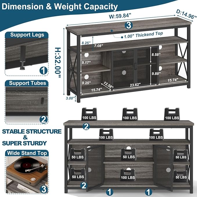 BON AUGURE Tall TV Stand for TVs up to 65 Inch, Industrial Entertainment Center - Image 2