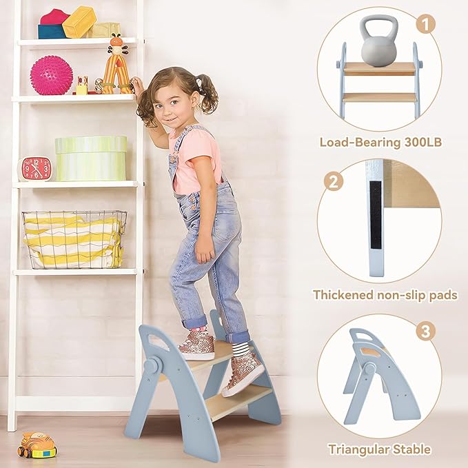 Wooden 2 Step Stool for Kids Bathroom Sink Foldable Anti-Slip 2-Step for Toilet - Image 3