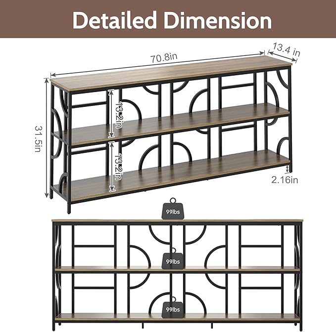 70.9-Inch Industrial Sofa Table, Extra Long Console Table Behind Couch - Image 2