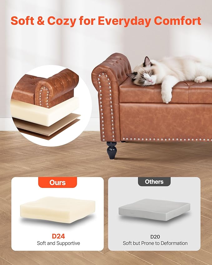 VEVOR Button-Tufted Storage Ottoman Bench, Rolled Arm PU Leather Bench - Image 6