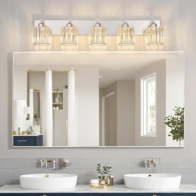Modern Vanity Light 5-Lights Brushed Nickel Vanity Light Crystal Bathroom Wall - Image 2