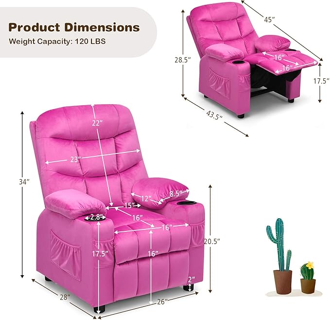 Costzon Kids Velvet Recliner Chair - Image 3