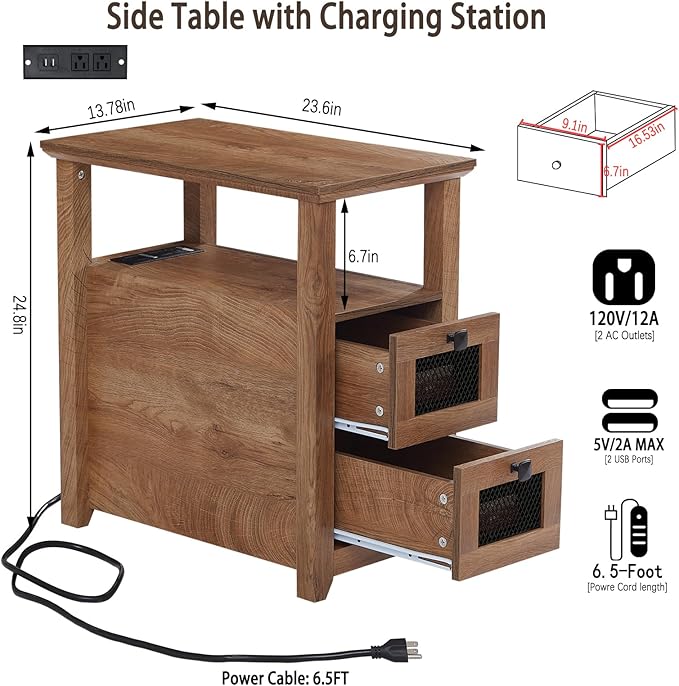 Farmhouse XXL End Table with Charging Station, Narrow Side Table with USB Ports - Image 2