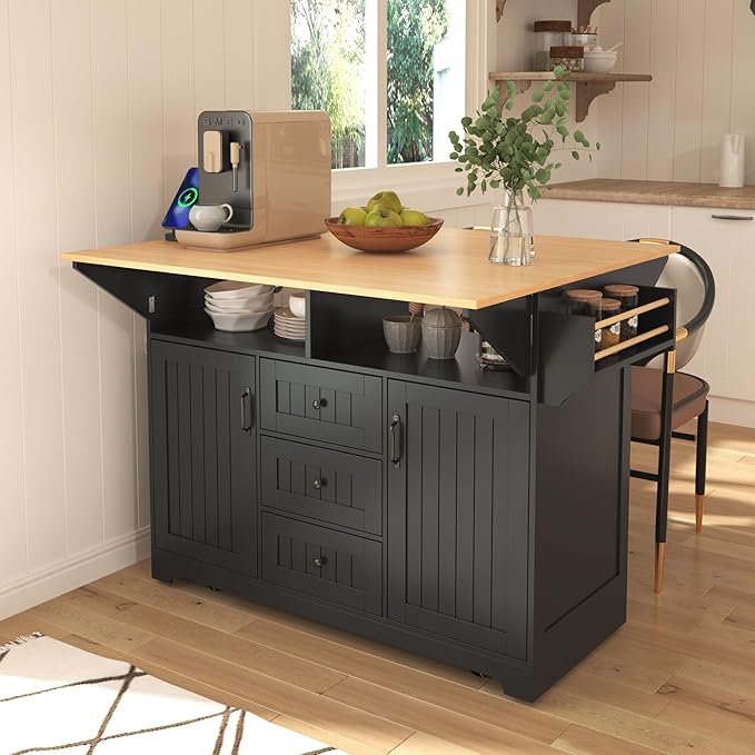 56" Large Kitchen Island with 2 Drop Leafs, Rolling Kitchen Cart on 5 Wheels - Image 8