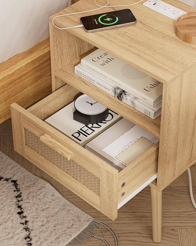 Rattan Nightstand with Charging Station, Small Night Stand, Side Table with - Image 5