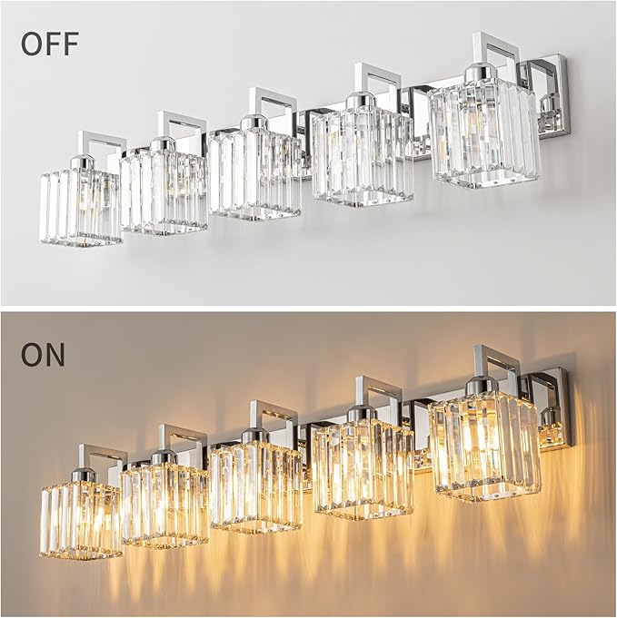 Modern Bathroom Vanity Light 5-Lights Chrome Crystal Wall Lamp Bathroom Modern - Image 4