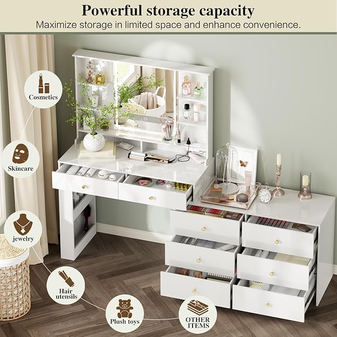 Makeup Vanity Desk with Mirror and Lights, Vanity Desk with 8 Drawers & Storage - Image 2
