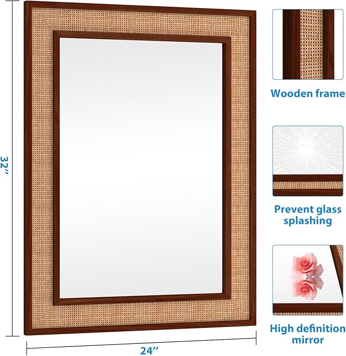 Rattan Wall Mirror with Wooden Framed 24 X 32 inch Farmhouse Rectangle Wood - Image 6