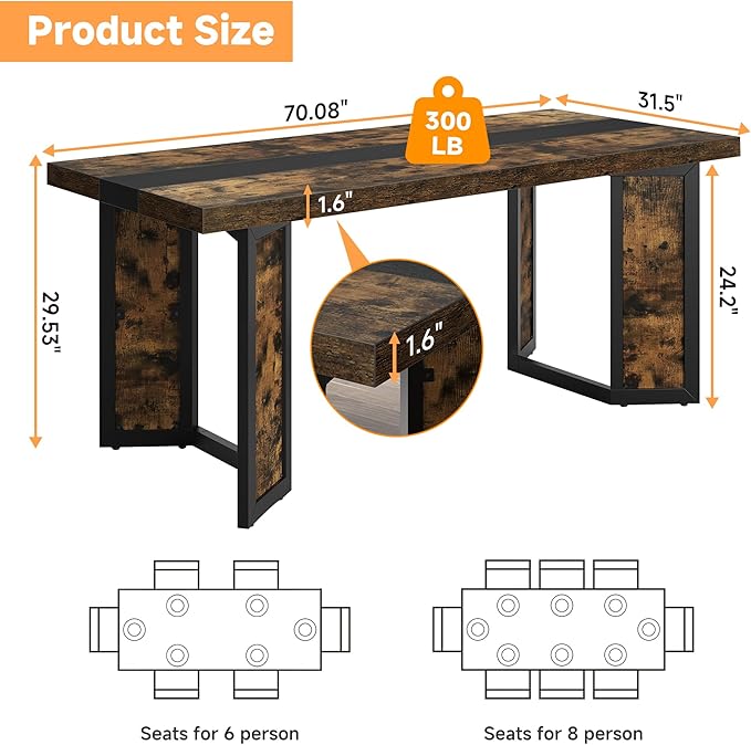 Industrial Dining Table for 6-8 People, Rustic Style Rectangular Dinner Table - Image 2