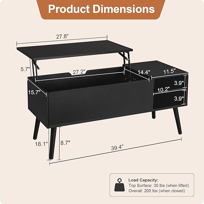 ALINE FURNITURE Black Lift Top Coffee Table - Image 2