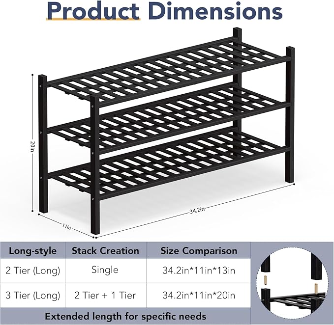Haddockway Long 3 Tier Bamboo Shoe Rack Storage Organizer, Small Space - Image 3