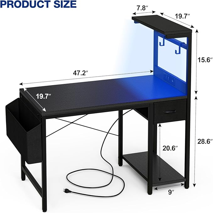 Gaming Desk 47 Inch with Power Outlet and LED Light, Computer Desk with - Image 3