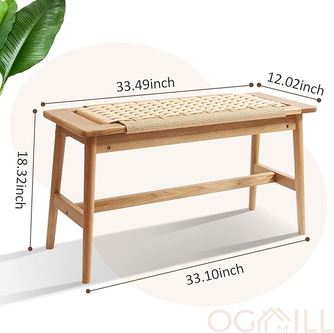 33.5" L Wood Dining Bench Indoor, 100% Natural Solid Oak Bed Bench Hand Woven - Image 3
