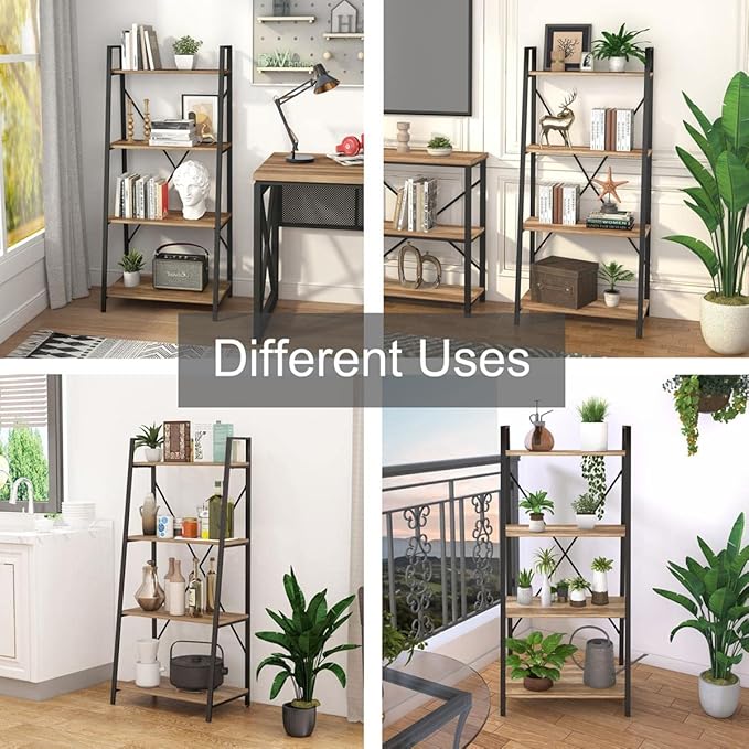 BON AUGURE Farmhouse Ladder Shelf Bookcase, 4 Tier Rustic Ladder Bookshelf - Image 7