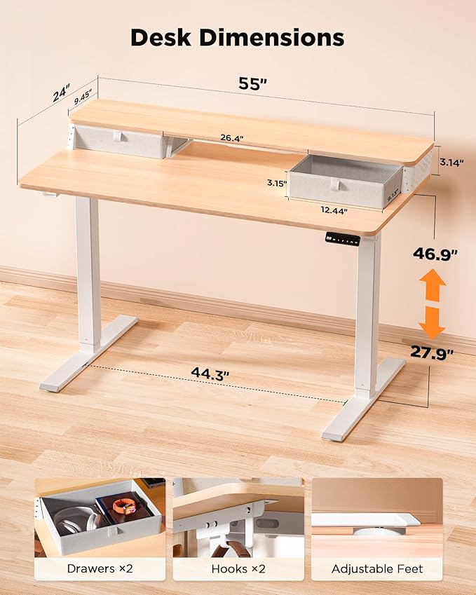 55x24 Inch Standing Desk with Double Drawers, C-Clamp Mount Compatible - Image 3