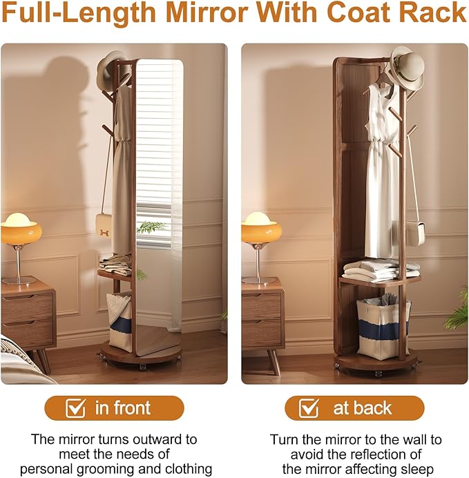 70"x16"Full Length Mirror with Stand, Coat Rack with Mirror, Solid Wood Floor - Image 8
