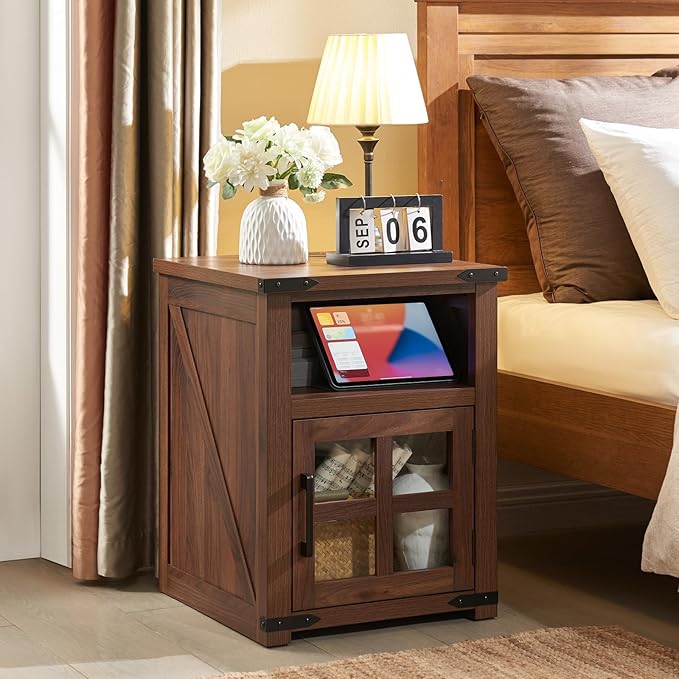 Farmhouse Nightstand with Charging Station, Rustic End Table with Tempered by Barnyatoh