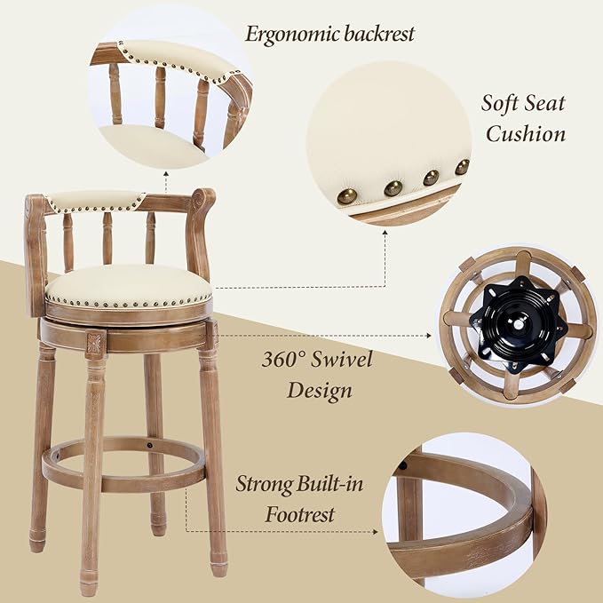 CozyRain Bar Stools Modern Swivel Barstools, Kitchen Counter Genuine Leather - Image 4