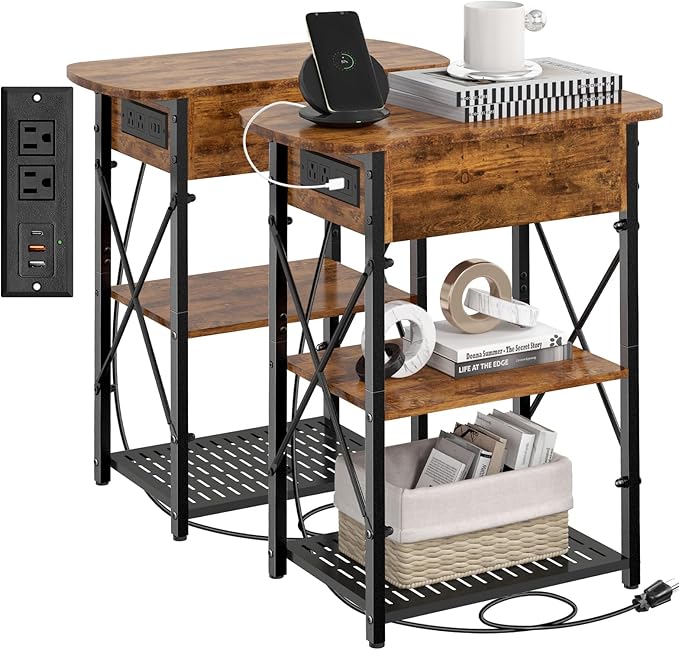 Narrow Side Table with Charging Station, End Tables Set of 2 by Livofloral