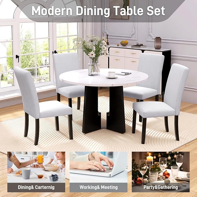 Merax 5-Piece Round Dining Table Set, Modern 4 Upholstered Chairs - Image 5