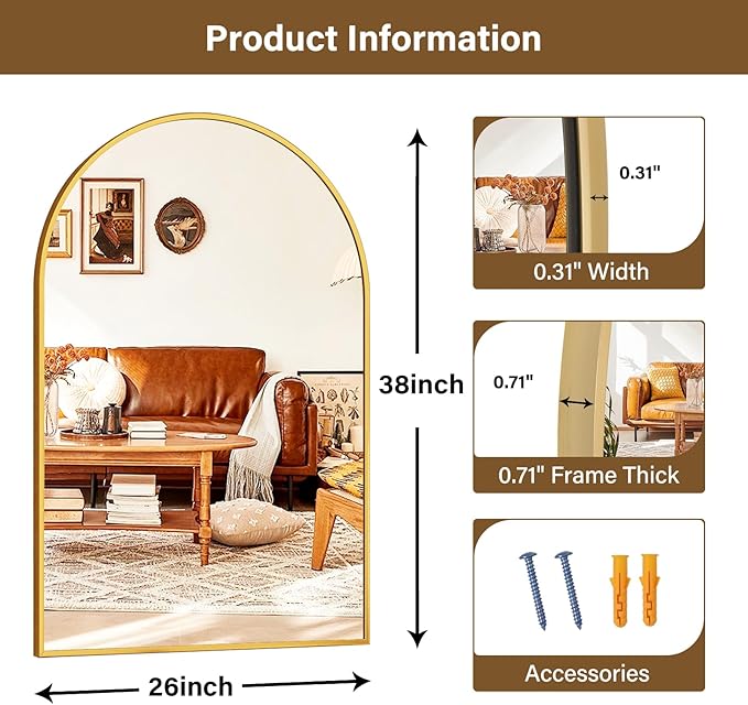 26"x38" Arched Wall Mirror for Bathroom, Living Room, Decorative Hanging Mirror - Image 5