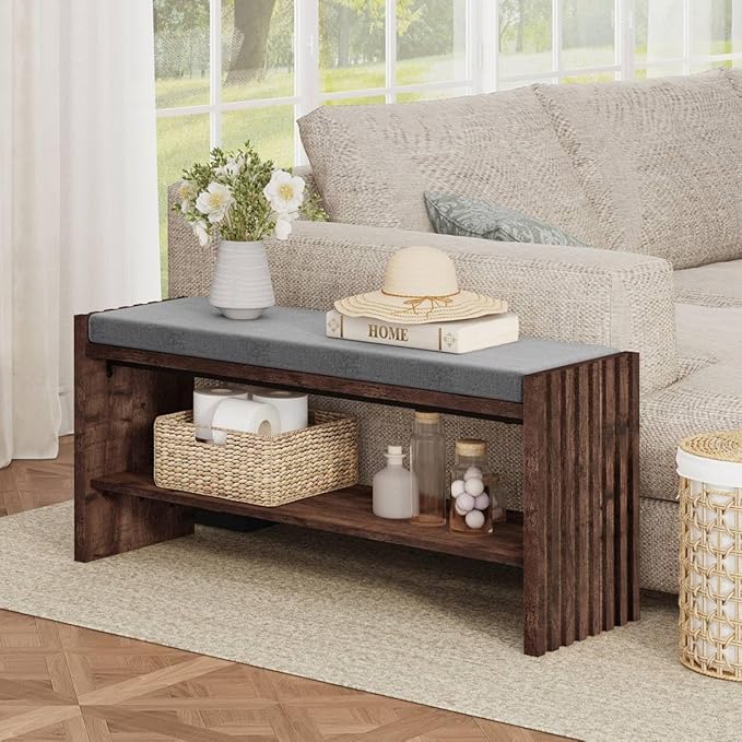 BON AUGURE Entryway Bench with Shoe Storage, 2-Tier Shoe Rack Bench with Cushion - Image 8