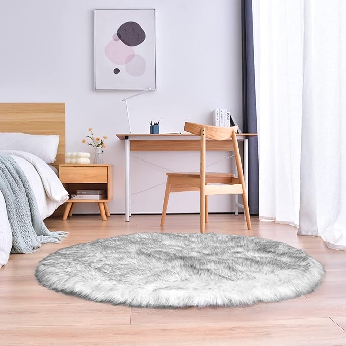 duduta White Black Faux Sheepskin Round Rug 4x4 ft, Fluffy Shag Fur Bedroom - Image 6