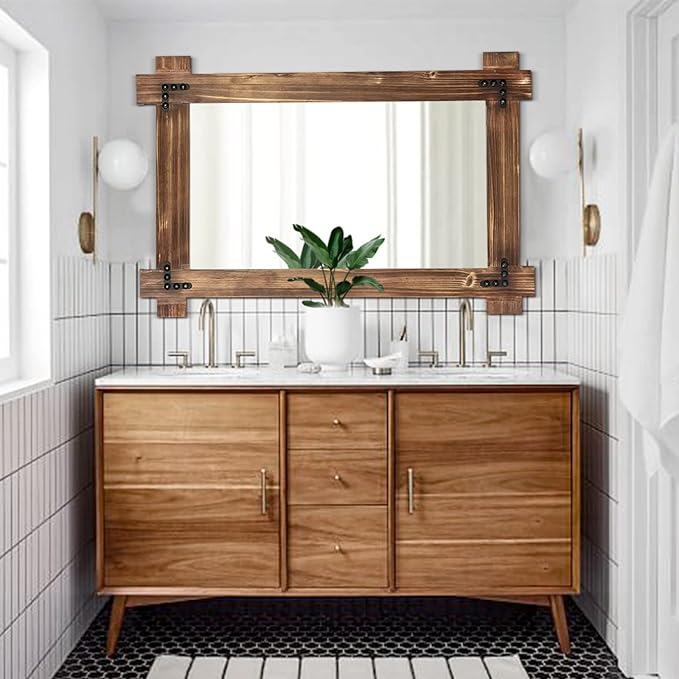 MeMoreCool Farmhouse Rustic Wood Framed Bathroom Mirror, Decorative Wall - Image 3