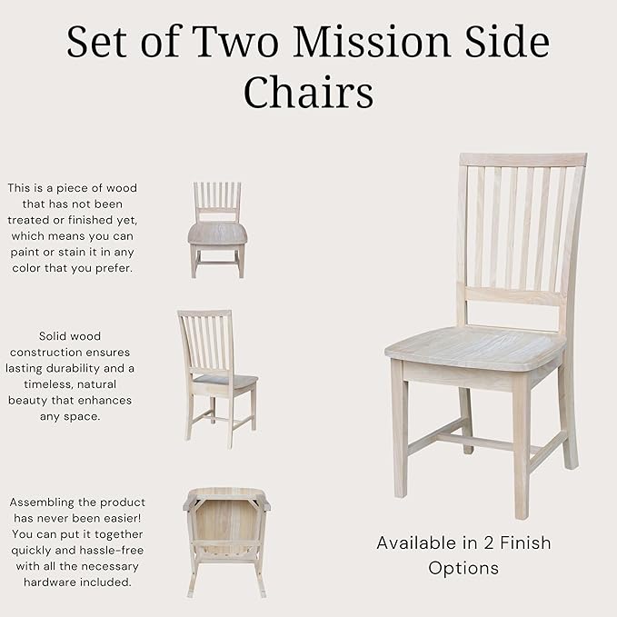 Set of 2 Mission Side Chairs 39.2"H, Solid Parawood Kitchen Dining Furniture - Image 7