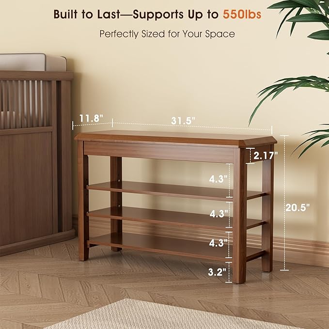 Shoe Rack Bench Seat Rubberwood 3-Tier Wooden Storage Bench 550lbs Compact - Image 2