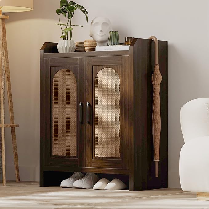 Shoe Cabinet Storage for Entryway, Natural Rattan Storage Cabinet, Wooden Shoe by MERICONIA