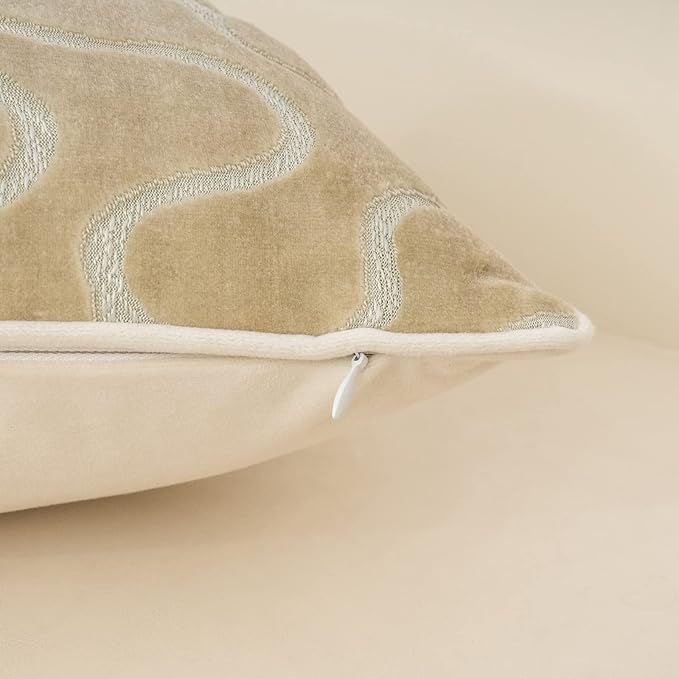 Yangest Beige Square Throw Pillow Cover Wavy Velvet Cushion Cover Modern - Image 4