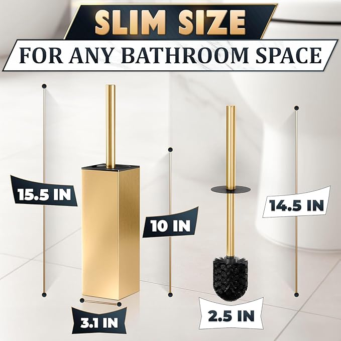 Stainless Steel Toilet Brush and Holder Set Gold & Square Design - Image 2