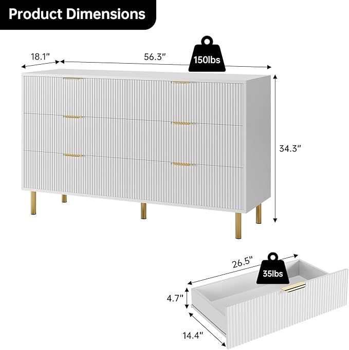 GarveeHome White Dresser, Modern 6 Drawer Dresser - Image 2