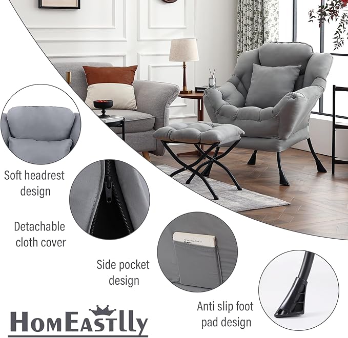 Lazy Chair with Ottoman, Modern Large Accent Lounge Chair with a Pillow - Image 6