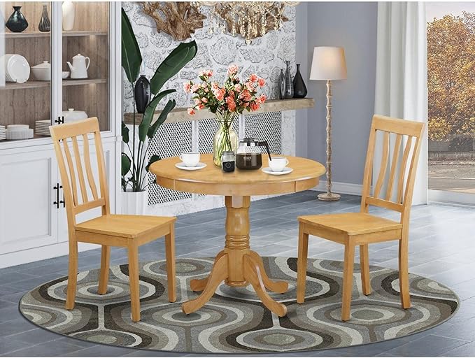East West Furniture ANTI3-OAK-W 3 Piece Dining Set Contains a Round Kitchen - Image 6