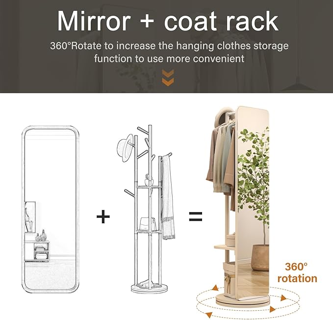 70"x16"Full Length Mirror with Stand, Coat Rack with Mirror, Solid Wood Floor - Image 6